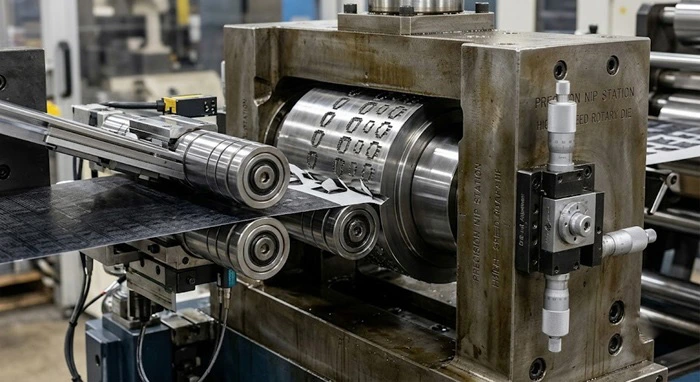 Close-up of a high-speed rotary die cutting station showing web entering the nip with precision guides